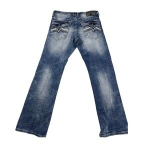 Salvage Havoc Mens Blue Distressed Bootcut Jeans Embroidered Pockets 34x31